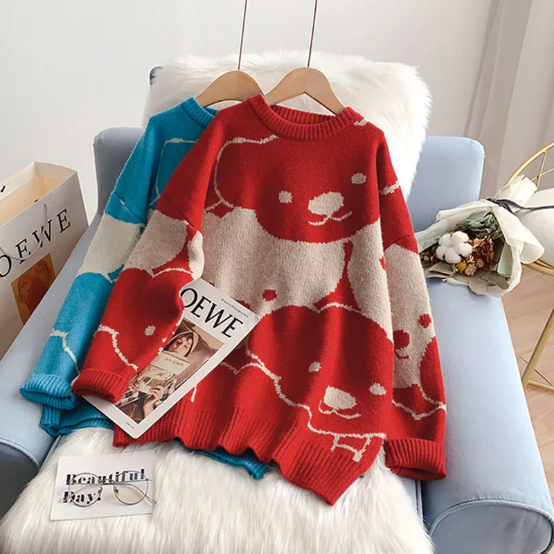 Cartoon Bear pattern loose lazy style sweater top  5133 Stylish Fashionable Trendy