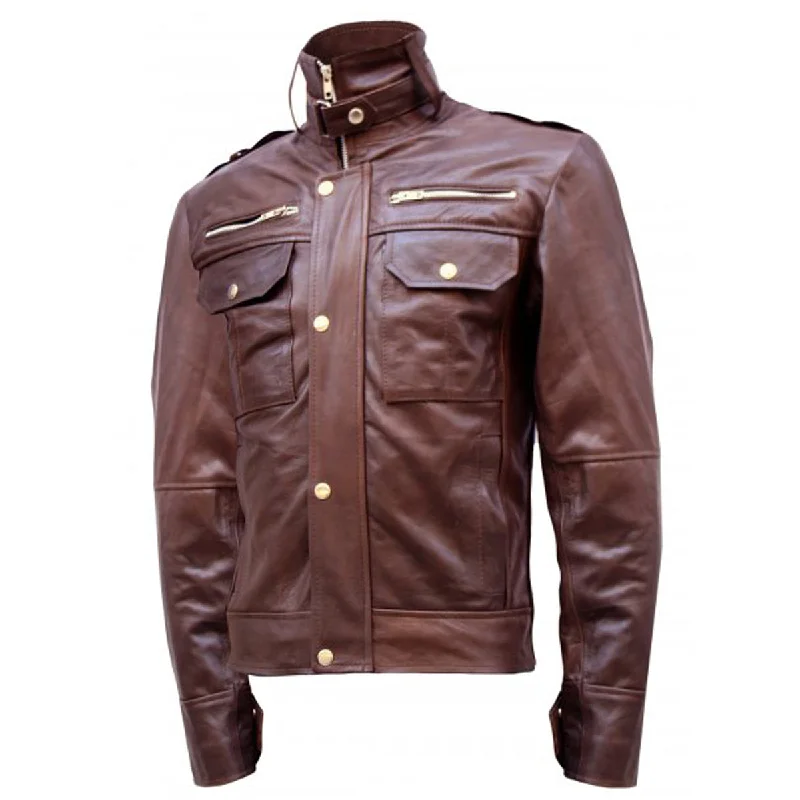 Chocolate Brown Men Military Leather Jacket Stand-Up Collar Roll-Neck Collar Turtle Neck