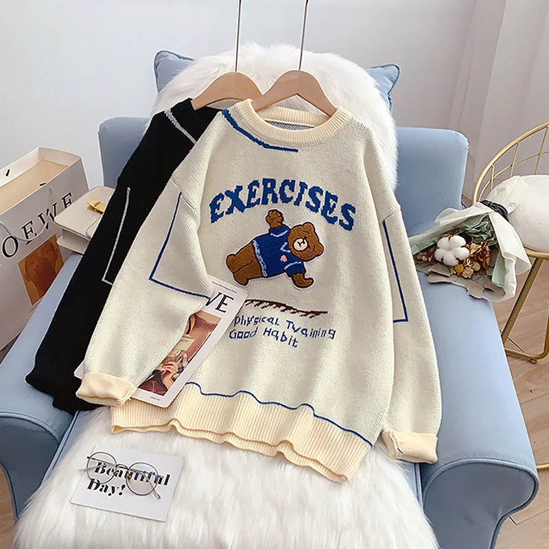 College style cartoon bear sweater female  5149 Fleece Fabric Down Fabric Feather Fabric