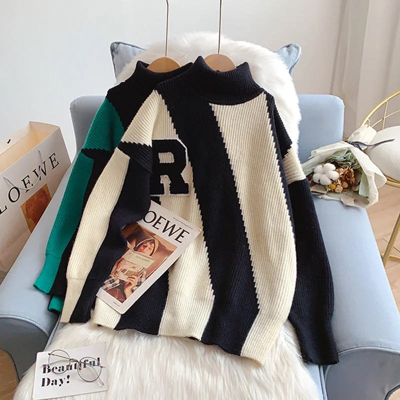 Contrast color turtleneck sweater lazy wind backing sweater top  5217 Graphic Sweater Embroidered Appliqued