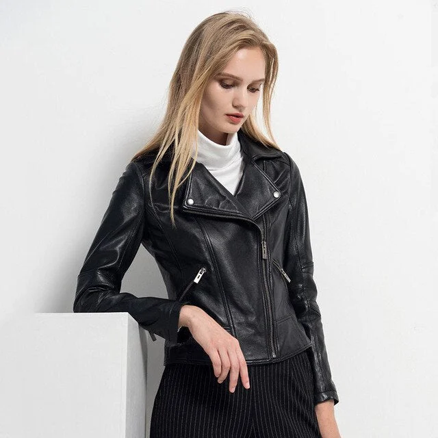 Womens Fashion Black Sheepskin Leather Jacket Notch Collar Jacket Peter Pan Collar Jacket Cowl Neck Jacket