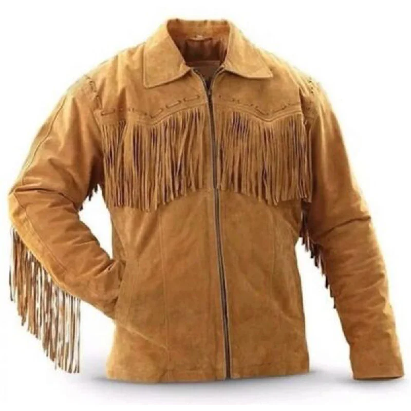 Cowboy Western Brown Suede Leather Fringe Jacket Denim Fabric Leather Fabric Suede Fabric