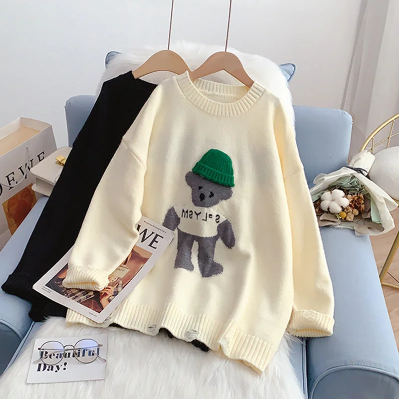 Cute bear three-dimensional hat sweater female design sense minority  5199 High Neck Crew Neck V-Neck