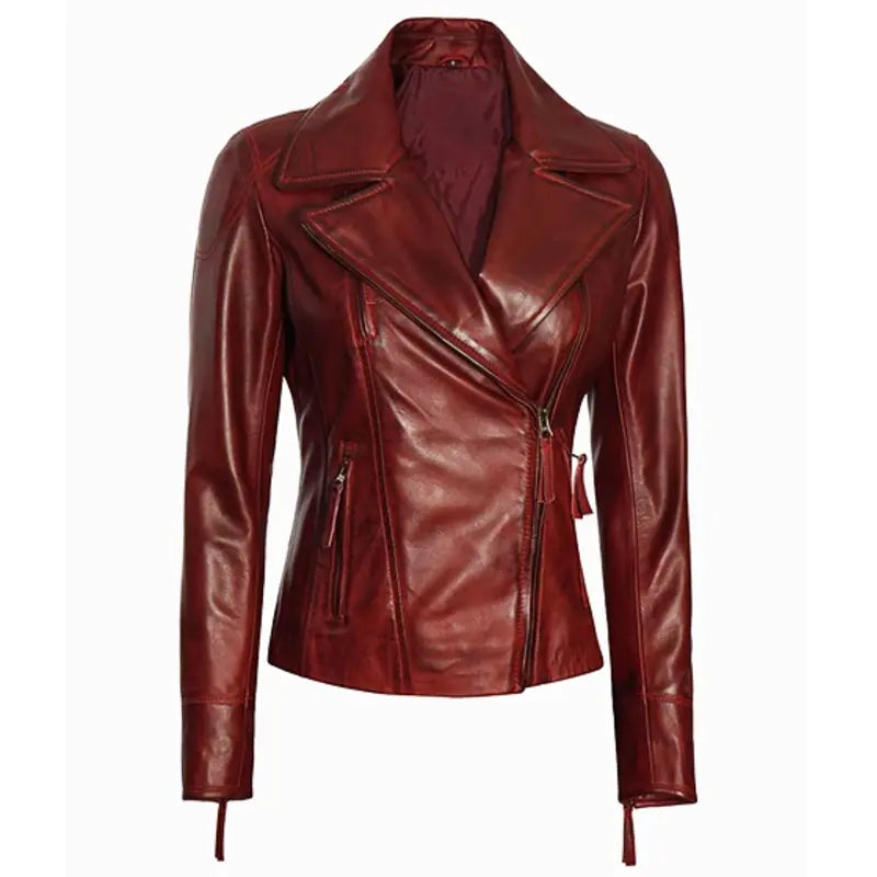 Deep Coffee Maroon Leather Women's Jacket Boat Neck Shawl Collar Notched Collar