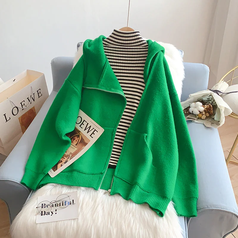 Design inclined zipper hooded sweater women's coat  5220 Tailored Straight A-Line