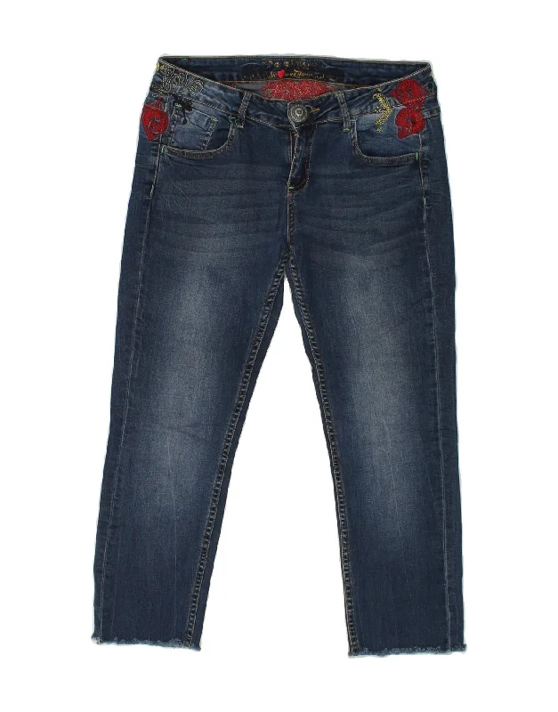 DESIGUAL Womens Cropped Jeans W34 L24 Navy Blue Cotton Trendy Low-Rise Slim Jeans