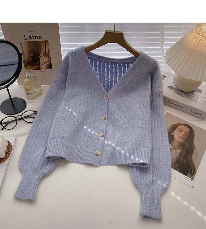 Flared sleeve solid sweater slim long sleeve sweater  6648 Zippered Front Buttoned Front Snap Front