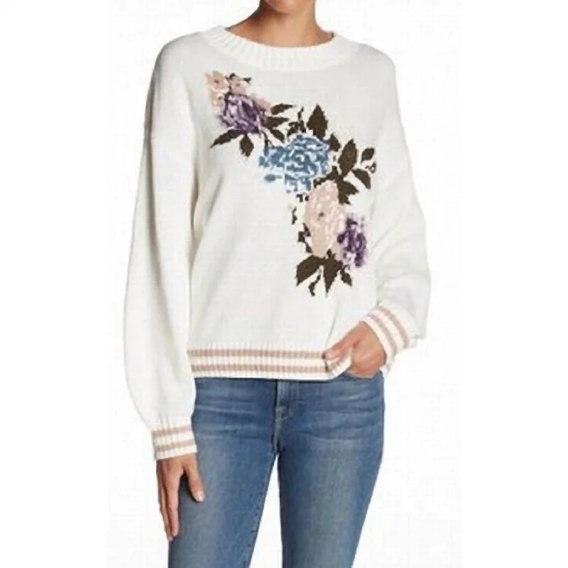 Floral Crewneck Cotton Sweater In White Silk Blend Satin Velvet