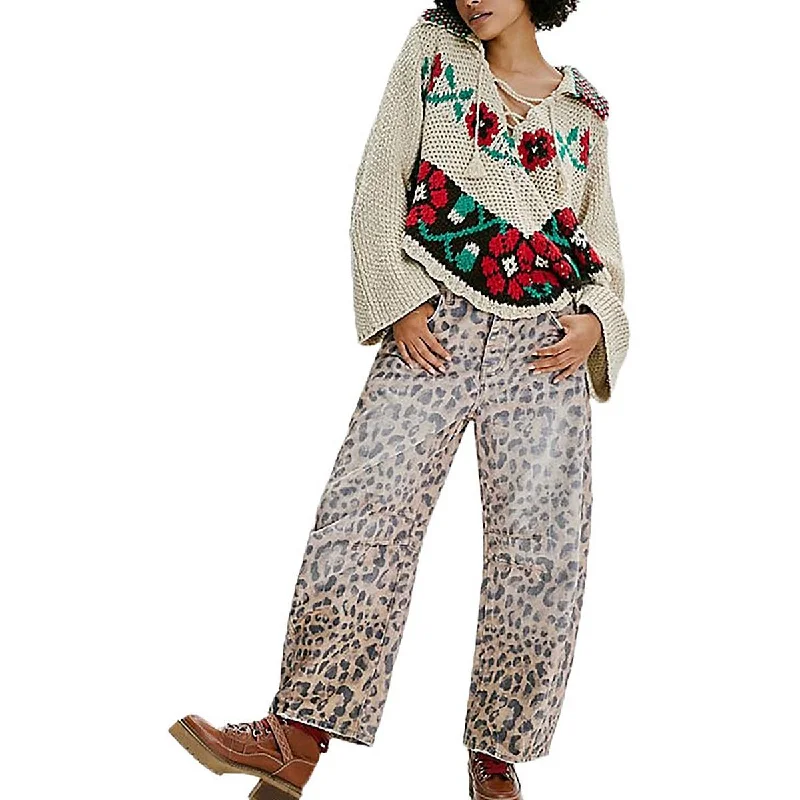 Free People Womens Printed Denim Wide Leg Jeans Comfortable Zip-Fly Denim Jeans