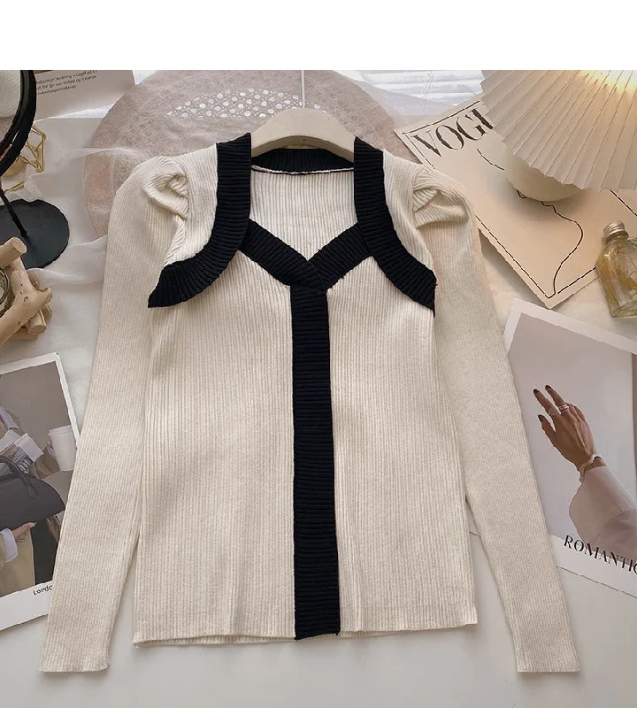 French square neck contrast thin long sleeve sweater  6625 Knit Fabric Woven Fabric Fleece Fabric