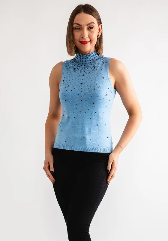 Goa Goa Embellished Polo Neck Sweater Vest, Blue Iron Safe Non-Iron Wrinkle Free