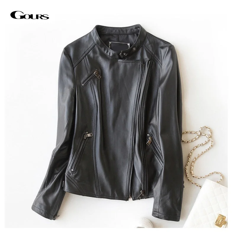 Gours Fashion Genuine Leather Jackets for Women Spring Classic Short Motorcycle Jacket Black Punk Style Ladies Sheepskin Coats Jersey Jacket Tulle Jacket Batik Jacket