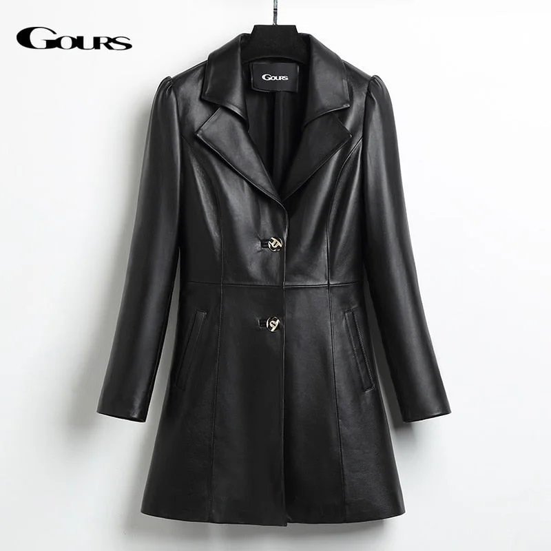 Gours Genuine Leather Coat for Women Winter Fashion Classic Long Sleeve Slim Overcoat Ladies Windbreak Sheepskin Jacket HS201 Zip Front Button Front Snap Front