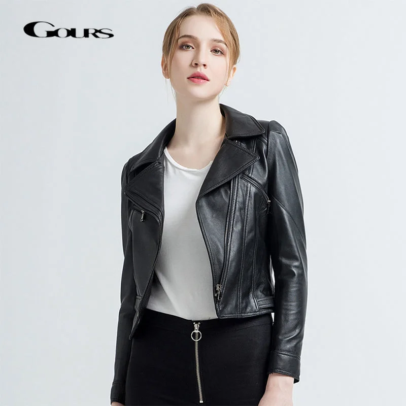 Gours Women's Genuine Leather Jackets Female Fashion Short Motorcycle Jacket Black Classic Punk Style Ladies Sheepskin Coat 1817 Fleece Jacket Down Jacket Feather Jacket