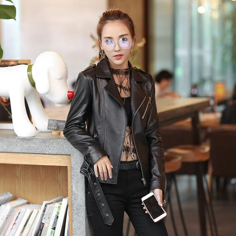 Gours Women's Genuine Leather Jackets Spring Classic Fashion Short Motorcycle Sheepskin Jacket Black Punk Style Coats HSW302 Chenille Jacket Brocade Jacket Lace Jacket