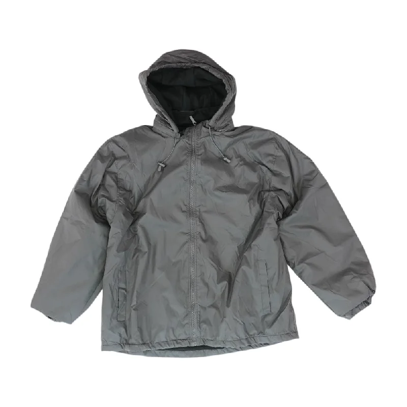 Gray Solid Rain Jacket Tiered Jacket Buttoned Jacket Zippered Jacket