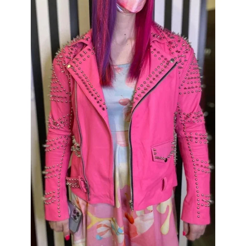 Hello Kitty Motorcycle Pink Studded Jacket Nylon Jacket Polyester Jacket Spandex Jacket