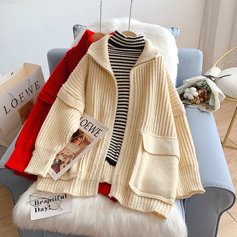 High neck zipper large pocket design sweater coat  5190 Tailored Straight A-Line