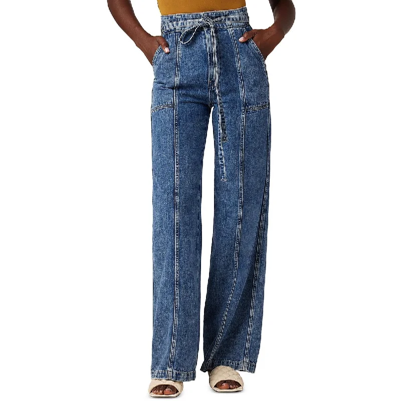 Hudson Womens Belted Denim Wide Leg Jeans Chic Double Waistband Jeans