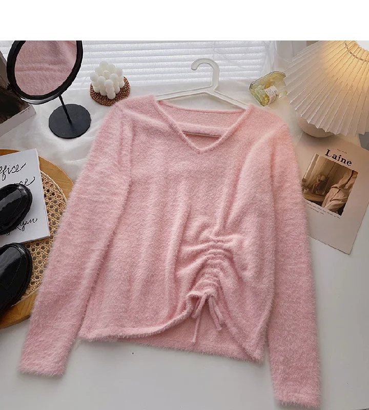 Imitation mink sweater niche V-neck drawstring slim top  6657 Bright Pastel Dark