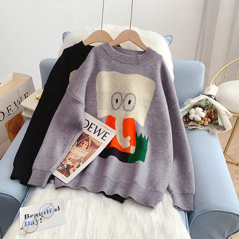 Japanese funny cartoon elephant sweater  5179 Boat Neck Shawl Collar Notched Collar