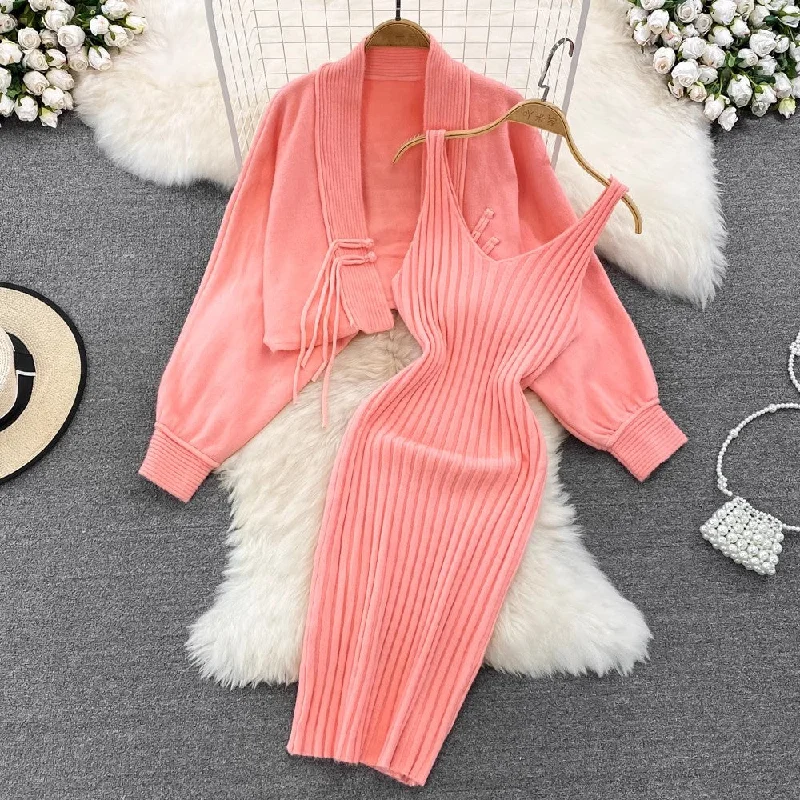 knitted shawl jacket two-piece set for women V-neck suspender dress       S4119 Rayon Fabric Velvet Fabric Corduroy Fabric