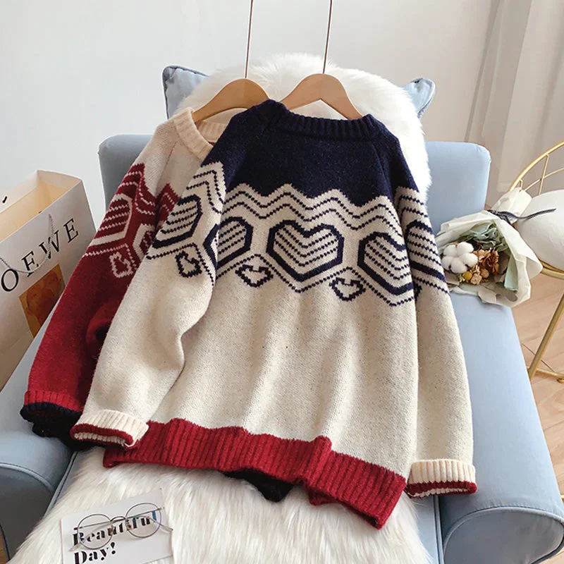 Korean design contrast color love sweater coat  5188 Mesh Fabric Canvas Fabric Denim Fabric