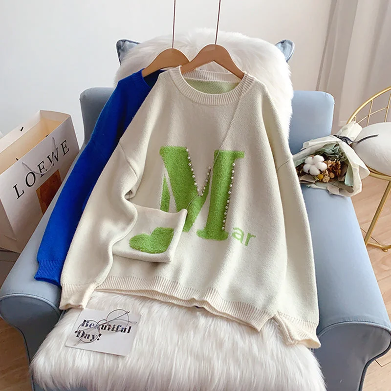 Korean lazy wind soft milk sweater  5193 Solid Print Embellished