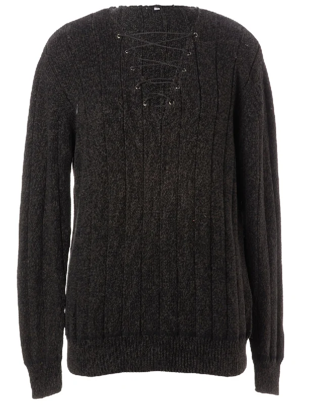Label Black Lace Up Jumper Graphic Sweater Embroidered Appliqued