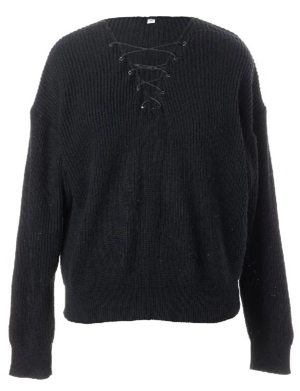 Label Black Lace Up Jumper Mesh Sweater Canvas Denim