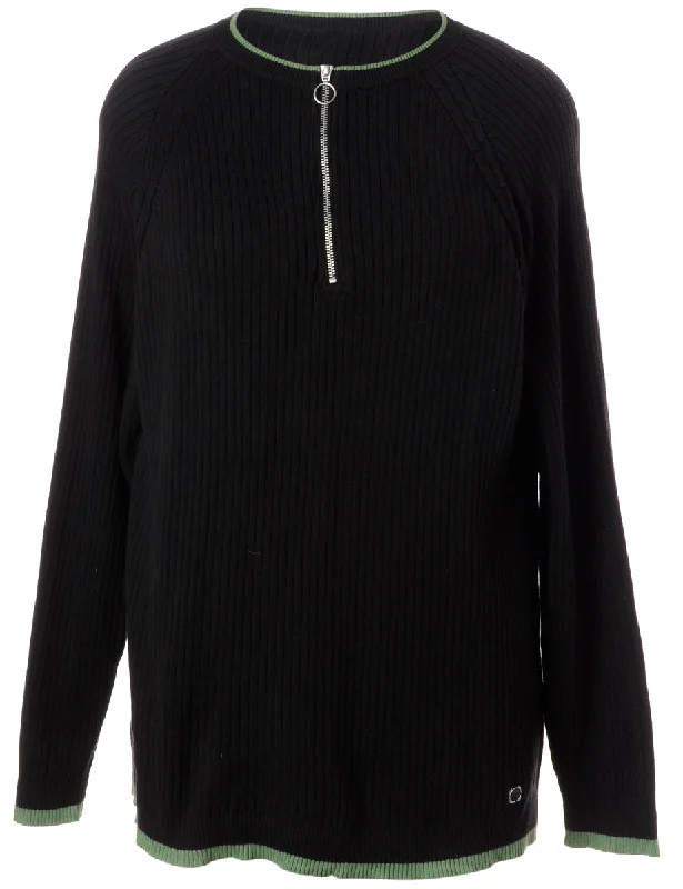 Label Black Zip Front Knitted Jumper Welt Pockets Slit Pockets Flap Pockets