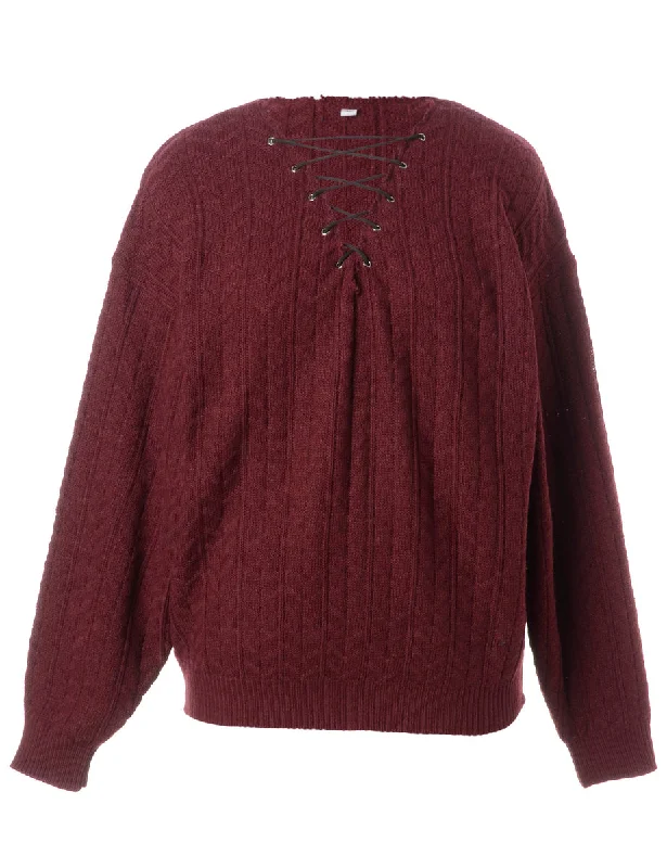 Label Burgundy Lace Up Jumper Ribbed Striped Patterned