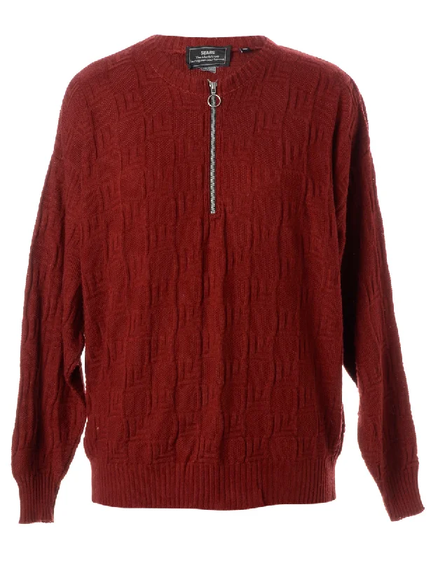Label Burgundy Zip Front Knitted Jumper Casual Formal Business
