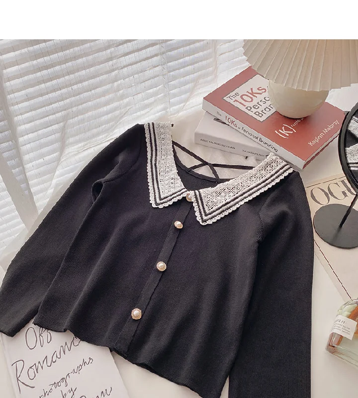 Lace Baby collar stitching design pearl buckle Pullover Sweater  6637 Modern Contemporary Chic