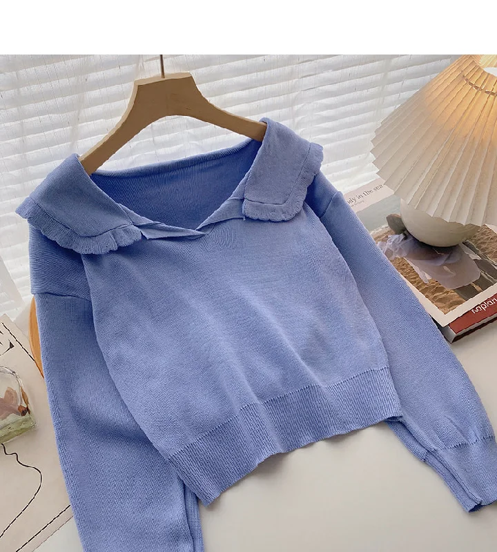 Lace Navy collar age reduced short sweater women  6654 Mesh Blend Leather Blend Suede Blend