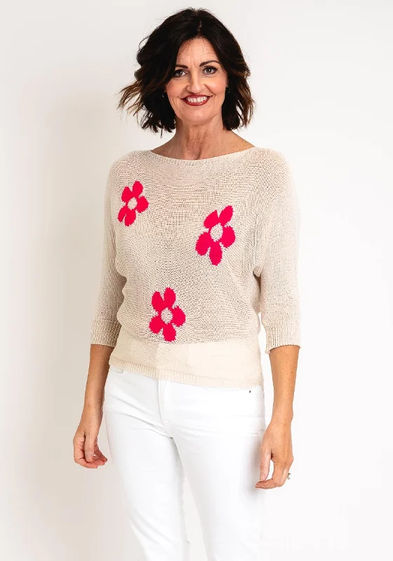 Serafina Collection One Size Daisy Print Jumper, Beige Glossy Satin Silk