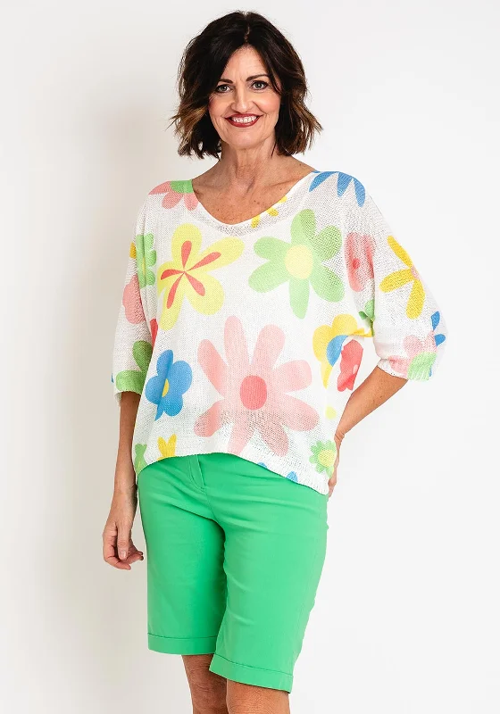 Serafina Collection One Size Flower Print Jumper, White Ribbed Striped Patterned