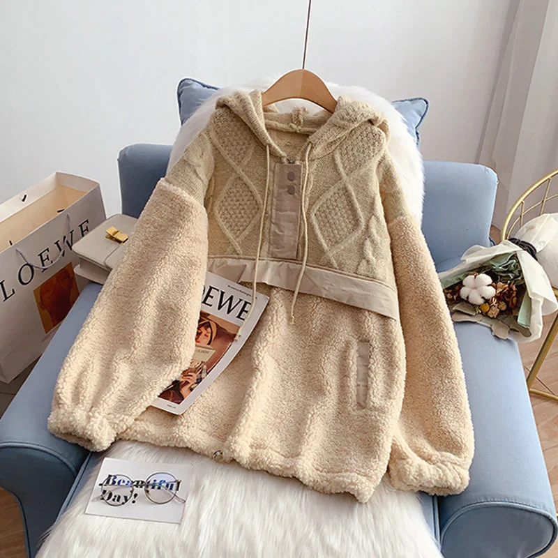 Lamb wool stitched sweater sweater women's Hoodie design 5203 Hooded Caped Shawl Collar