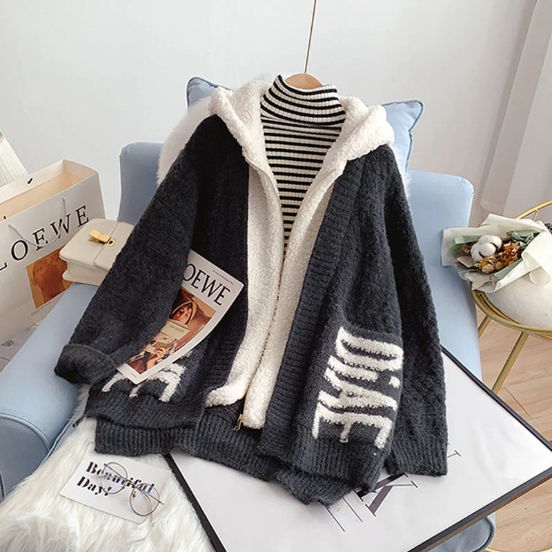 Lamb wool sweater coat medium long lazy style  5163 Slim Fit Regular Fit Oversized