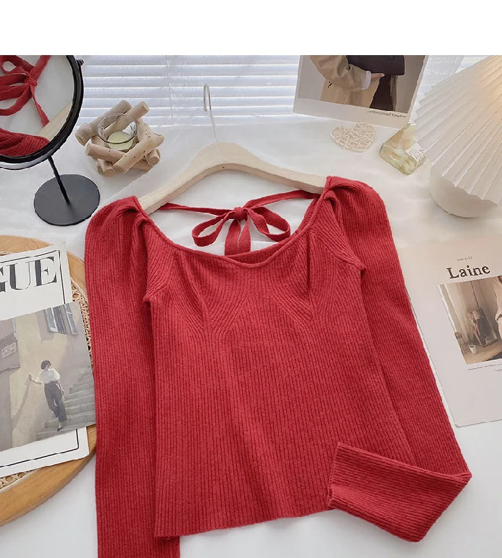 Large round neck leaky clavicle sweater bandage long sleeve top  6611 Layered Multi-layer Single Layer