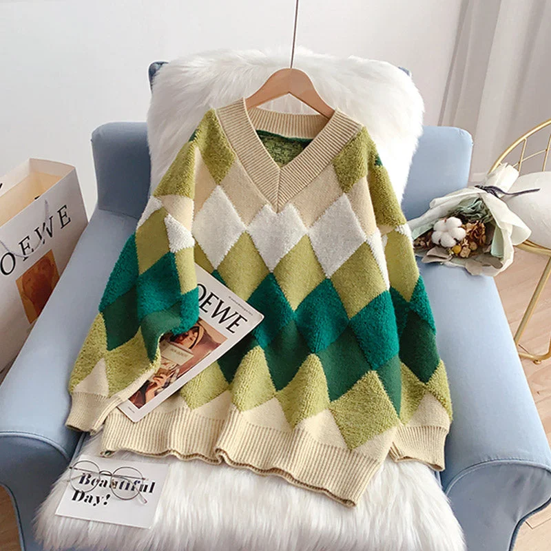 Lazy wind Lingge V-Neck Sweater Korean sweater  5128 Spandex Rayon Corduroy