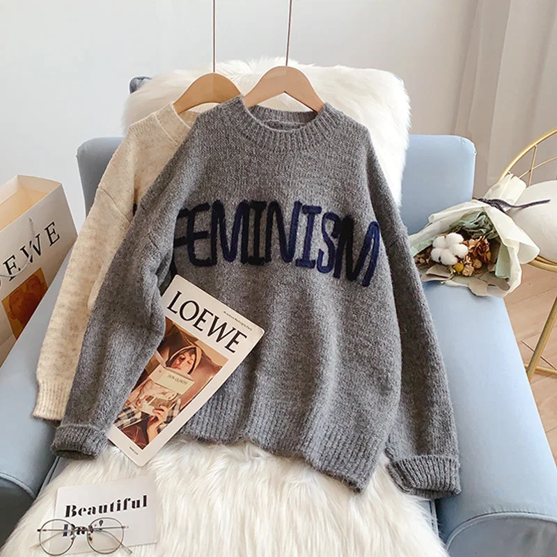 Lazy wind round neck letter sweater  5186 Cable Knit Ribbed Knit Lace Knit