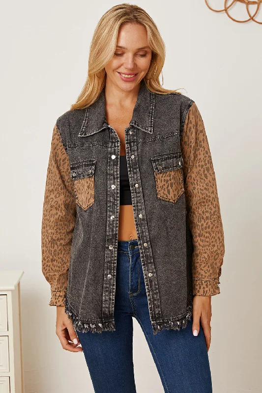 Leopard Raw Hem Pocketed Denim Jacket One-Shoulder Jacket Off-the-Shoulder Jacket Asymmetrical Jacket