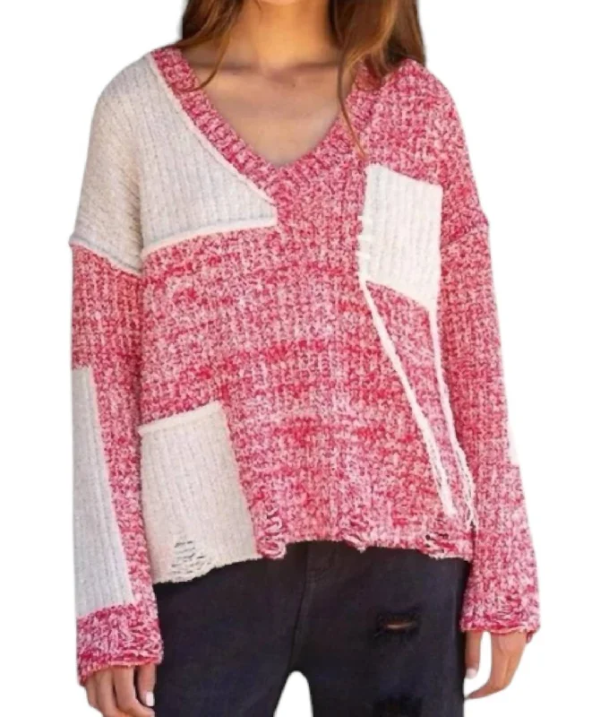 Long Sleeve Oversize Sweater In Red/white Polka Dot Checkered Tartan