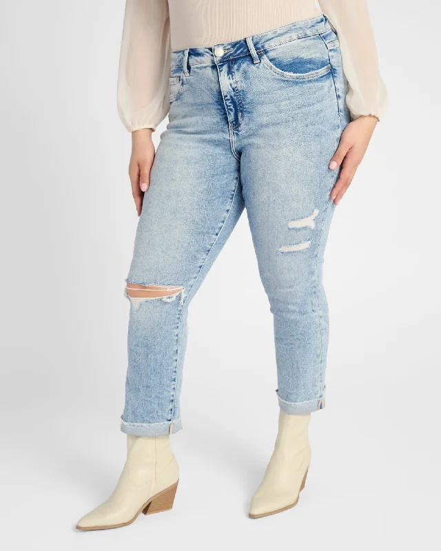 Plus Size High Rise Cuffed Slim Straight Jeans Fashionable Cropped Denim Jeans