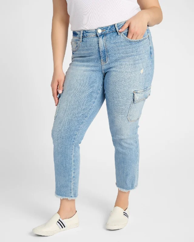 Plus Size Mid Rise Slim Straight Cargo Jeans Fashionable Raw Hem Bootcut Jeans