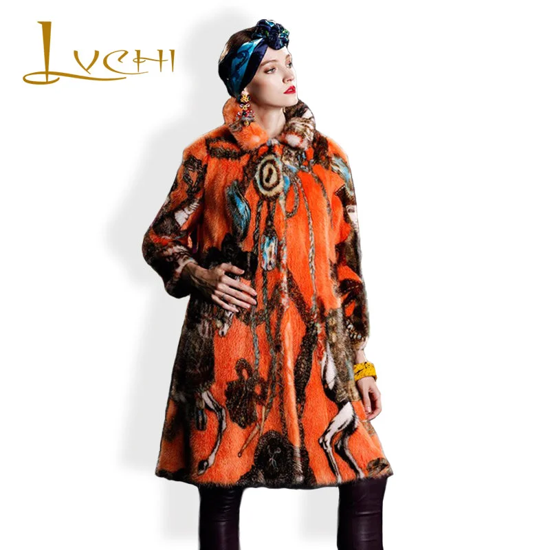 LVCHI Woman's Coat Boho Fashion Female Cold Mink Jacket Genuine Noble Skirt Style Leather Embroidery 2017 Winter Mink coats Print Jacket Jacquard Jacket Patchwork Jacket