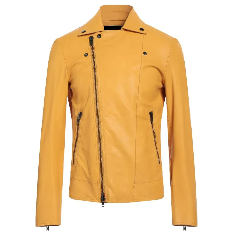 Men Slim Fit Yellow Zip-Up Leather Jacket Tiered Jacket Buttoned Jacket Zippered Jacket