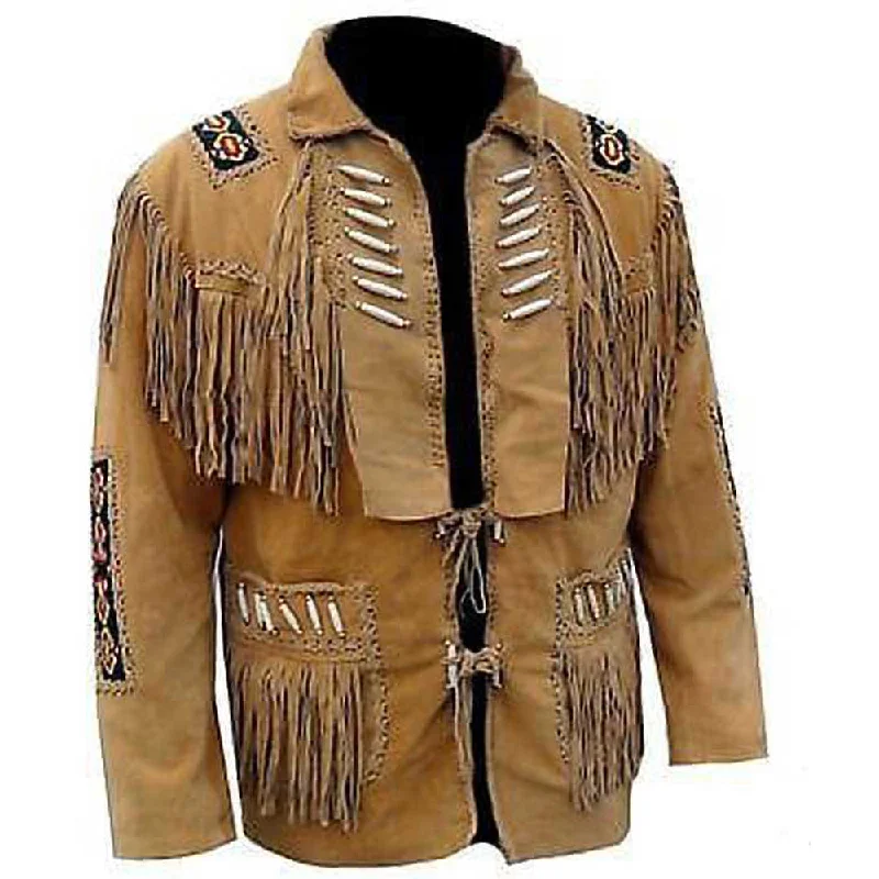 Men Tan Brown Western Cowboy Fringe Leather Jacket Rayon Fabric Velvet Fabric Corduroy Fabric