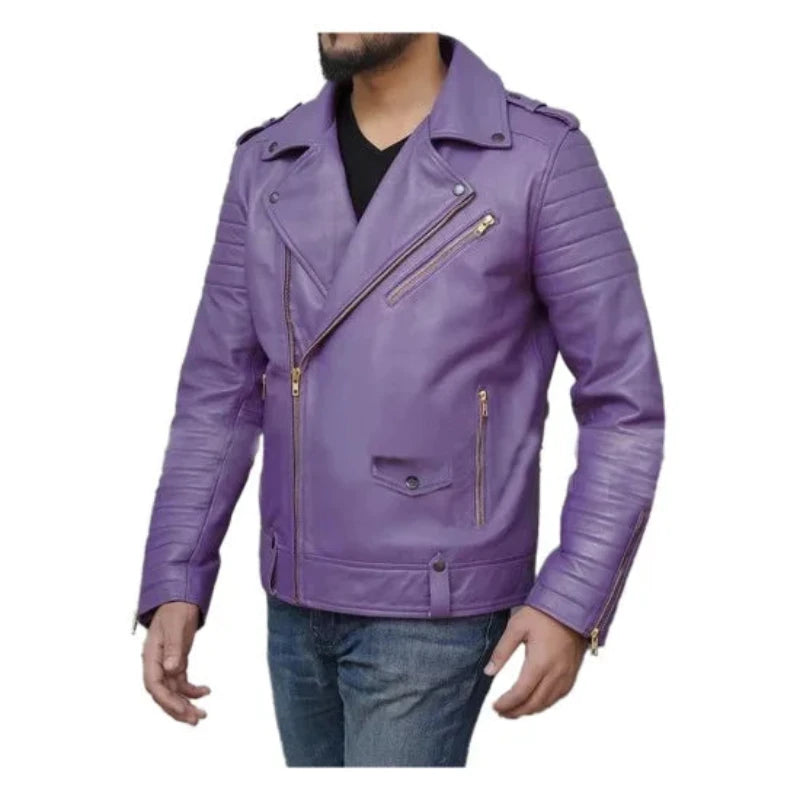 Men's Purple Biker Leather Jacket Nylon Fabric Polyester Fabric Spandex Fabric